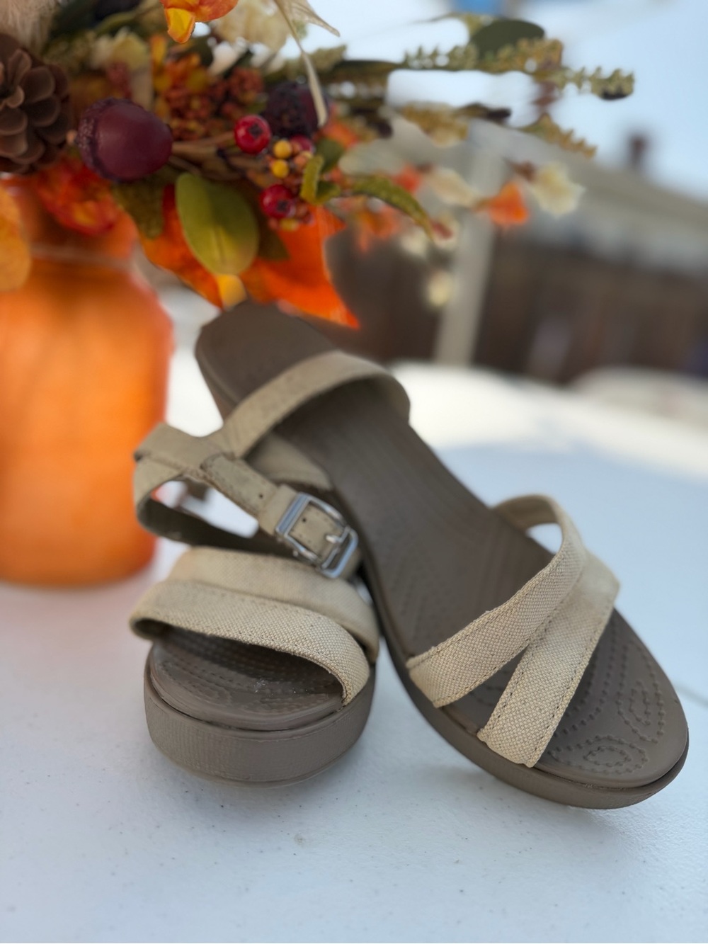 CROCS Beige Canvas Crossover Strap Sandals with Buckle